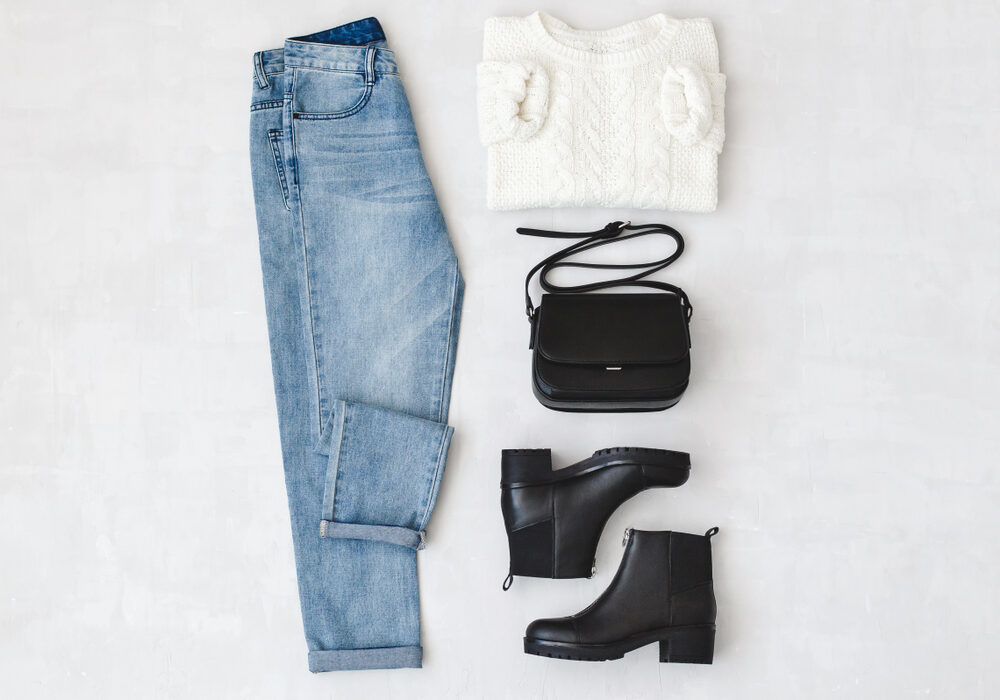 Blue,Jeans,,White,Knitted,Sweater,,Small,Black,Cross,Body,Bag