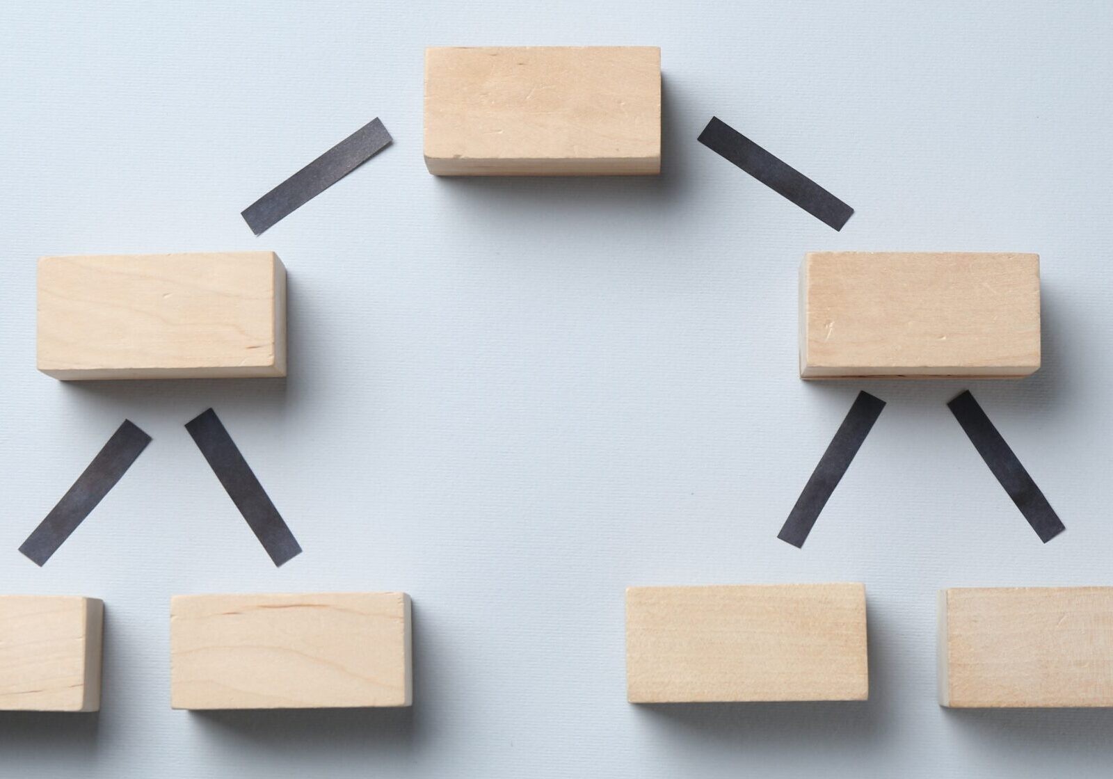 Seven blank wooden blocks arranged in a hierarchy on a light grey background, connected by black strips to form an organisational chart.