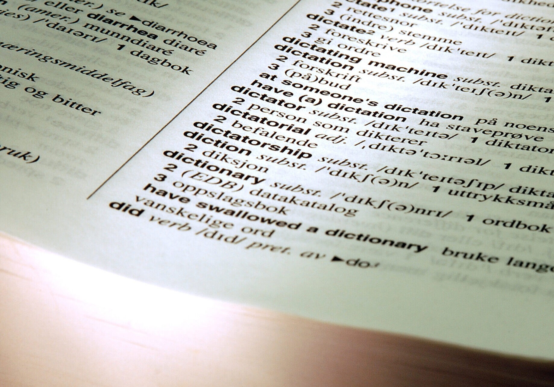 A close-up of an open English dictionary, with entries around the word "dictionary" and their translations.