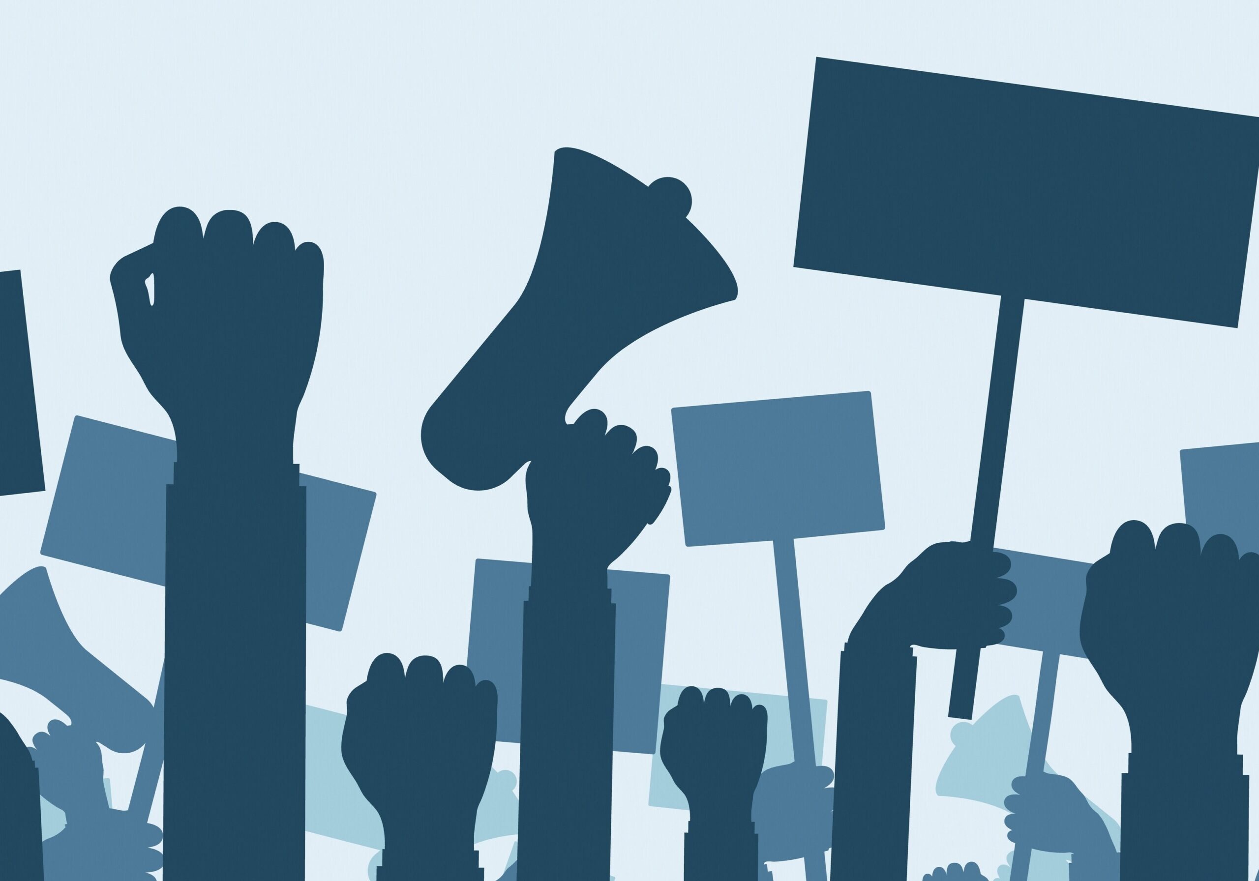 vector image of a protest, with fists and signs raised